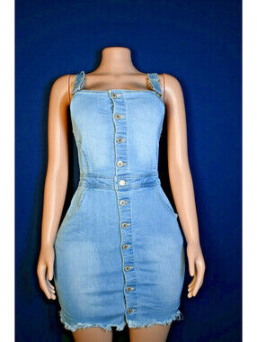 Wax Jean Light Wash Denim Oversll Pinafore Dress Button front Raw Hem Size M